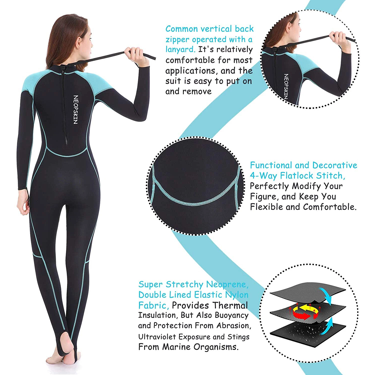 Women\'s 2mm Neoprene Wet Suits Full Body Wetsuit for Diving Snorkeling Surfing Swimming Canoeing in Cold Water Back Zipper Strap