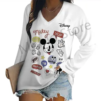 Frauen T-Shirt V-Ausschnitt Mode Mickey schöne Disney Y2k Frauen Langarm T-Shirts S-3XL Party jugendliche Frau Kleidung neu 2024