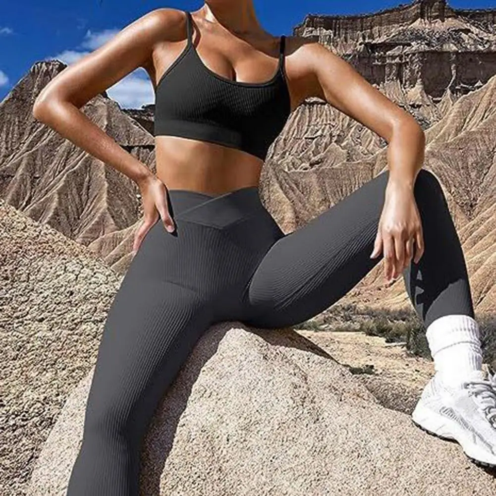 Effen Kleur Yoga Broek Geribbelde Yoga Legging Voor Vrouwen Hoge Taille Atletische Trainingsbroek Stijlvolle Sportoefening Voor Binnen