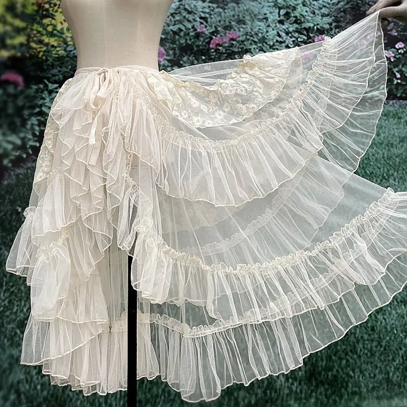 

Sweet Lolita Style Double Layer Lace Asymmetrical Ruffled Skirts Women Mesh Cute Curtain Sheer Cover Up Long Skirt