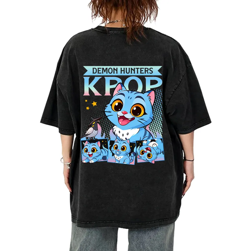 

Cartoon Movie KPop Demon Hunters Washed T-shirt Cute Funny Derpy Tiger Graphic T Shirts Men Women Casual Cotton Short Sleeve
