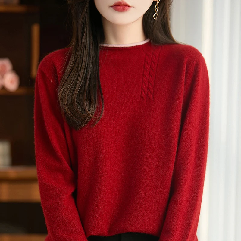 New Women's Knitted 100% Merino Wool O-neck Sweater Comfortable and Versatile Autumn and Winter Women's Full Sleeves pullover