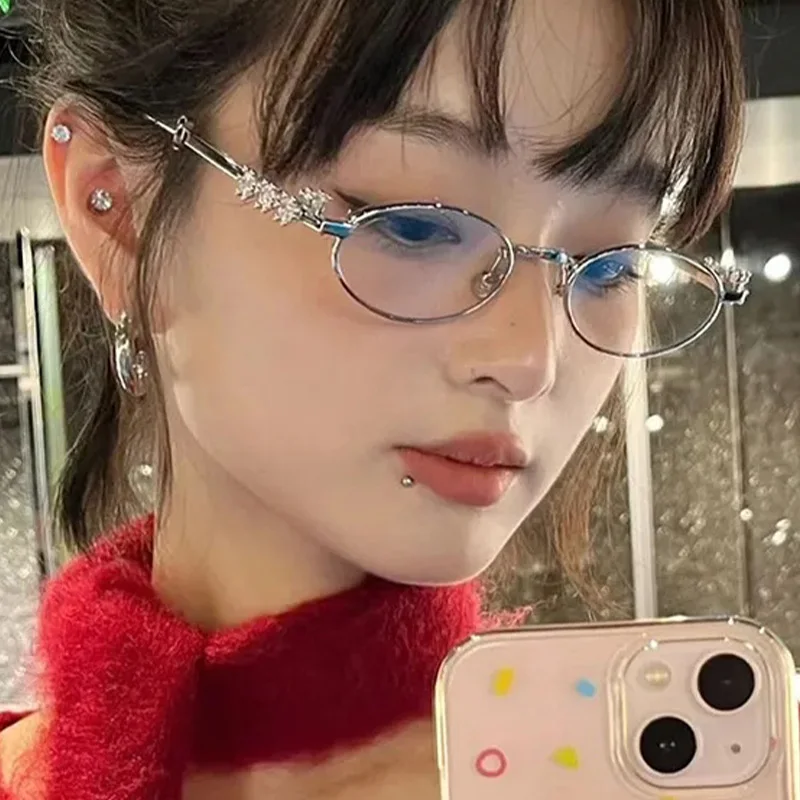 Nova moda pequena armação oval óculos de metal azul luz bloqueando óculos japonês retro strass na moda leitura y2k óculos