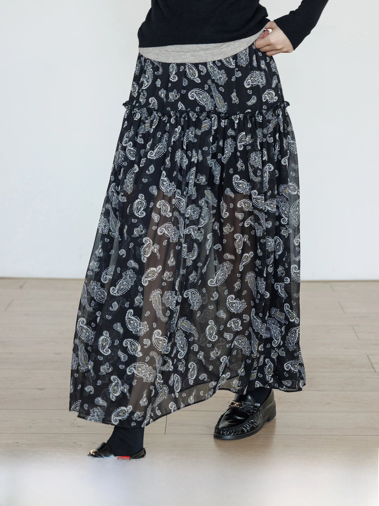 

Casual A-Line Skirt Women's High Waist Elastic Waist Pine Nut Flower Long Skirt Spring New Sle Ci Commute Polyester Fiber