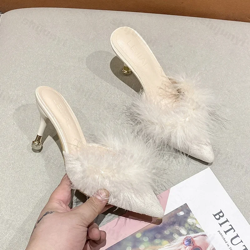 Winter Women Fur Slippers Warm Mules Shoes Casual Mid Heel Pumps 2024 New Pointed Toe Plush Flip Flops Cotton Shoes Plus Size 42