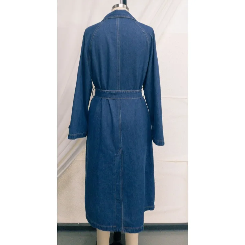 New European and American Autumn and Winter Women's Trench Coat Denim Solid Color Double Pockets Long Button-down Loose Coat