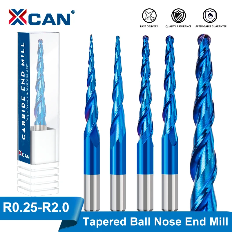 XCAN Milling Cutter 6mm Shank Tapered Ball Nose End Mill R0.25/R0.5/R0.75/R1.0/R1.5/R2.0 CNC Router Engraving Bit for Wood