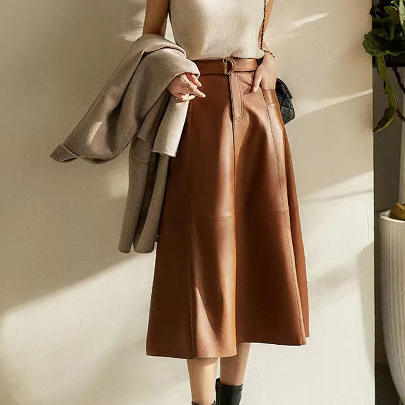 

100% First Layer Sheepskin Women Long A-line Skirt 2024 Chic Ladies Autumn Winter Brown Big Hem Genuine Leather Skirt With Belt