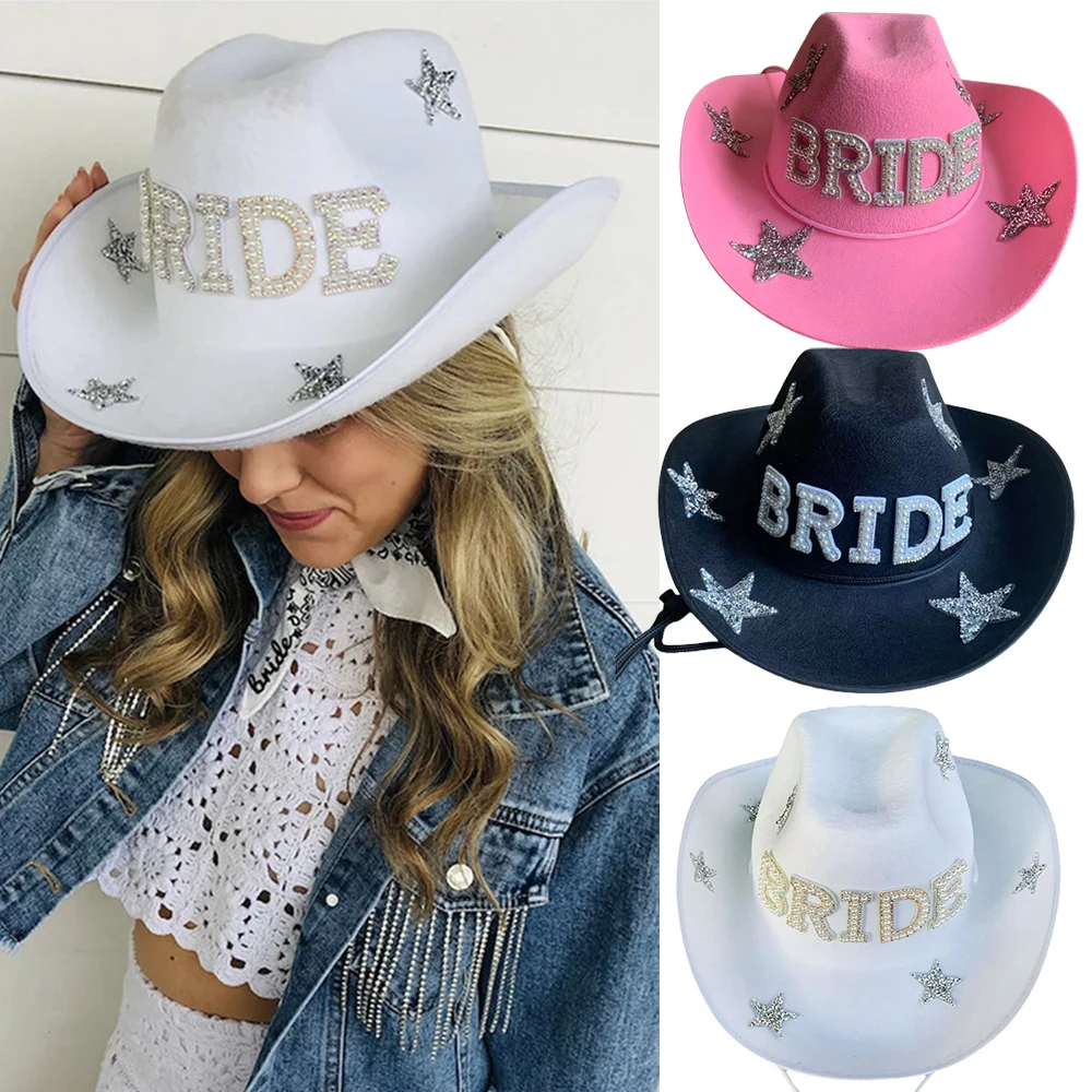 Western Cowboy Hat Bride Letter Stars Western Cowboy Hat Diamond Tiara Cowgirl Cap Costume Cosplay Party Play Dress Up