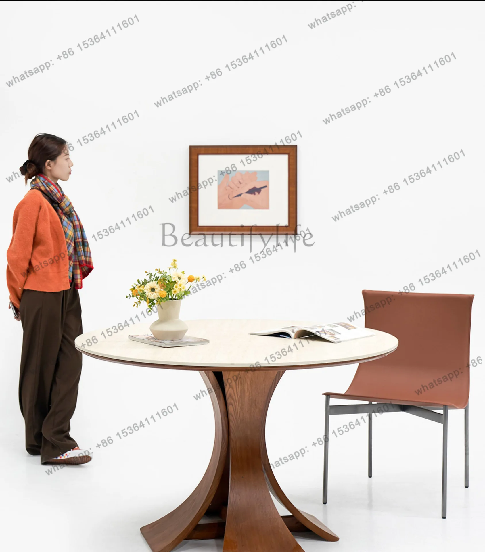 Factory Direct Sales Medieval Solid Wood Round Table Travertine Slate Round Dining Table Modern French Simple