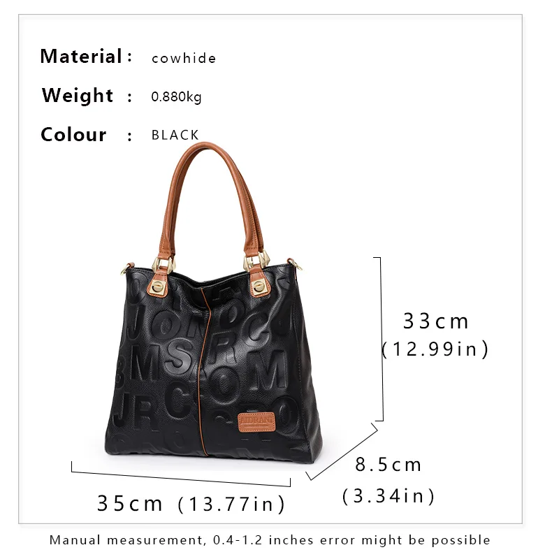 Trendy women\'s bag leather letter tote bag large capacity top cowhide shoulder cross-body bag