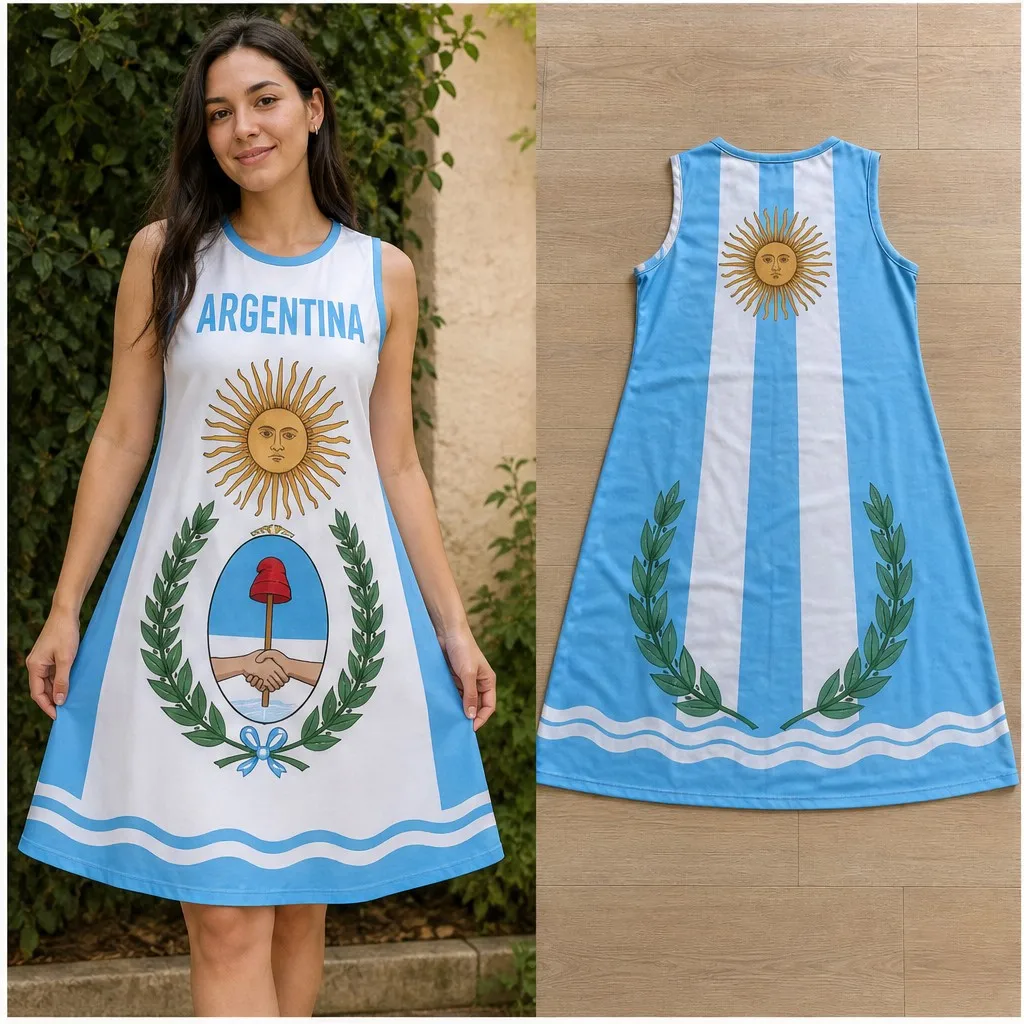 Robe midi décontractée sans manches pour femme, motif soleil et emblème argentin, coupe trapèze, idéale pour l'été et le quotidien, style décontracté et aéré