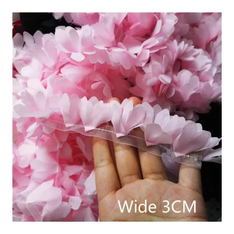 3cm Wide Pink 3d Chiffon Flowers Ruffle Trim Ribbon Organza Dress Collar Embroidery Lace Applique For Diy Sewing Supply Guipure