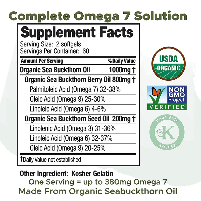 Complete Omega-7 Capsules - Pure Himalayan Sea Buckthorn Oil - Skin, Hair, Nails, Digestive Health