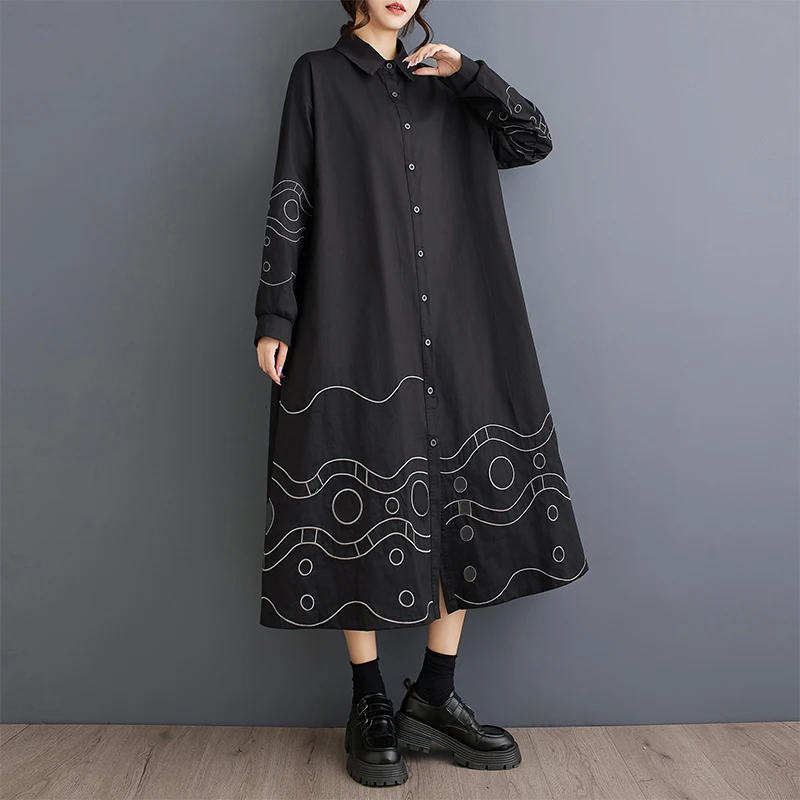 ربيع الخريف فضفاض كبير الحجم المرقعة عادية بسيطة مطرزة حلوة طويلة Sve irt الدكتور ألف خط صورة ظلية تخفيف Sle