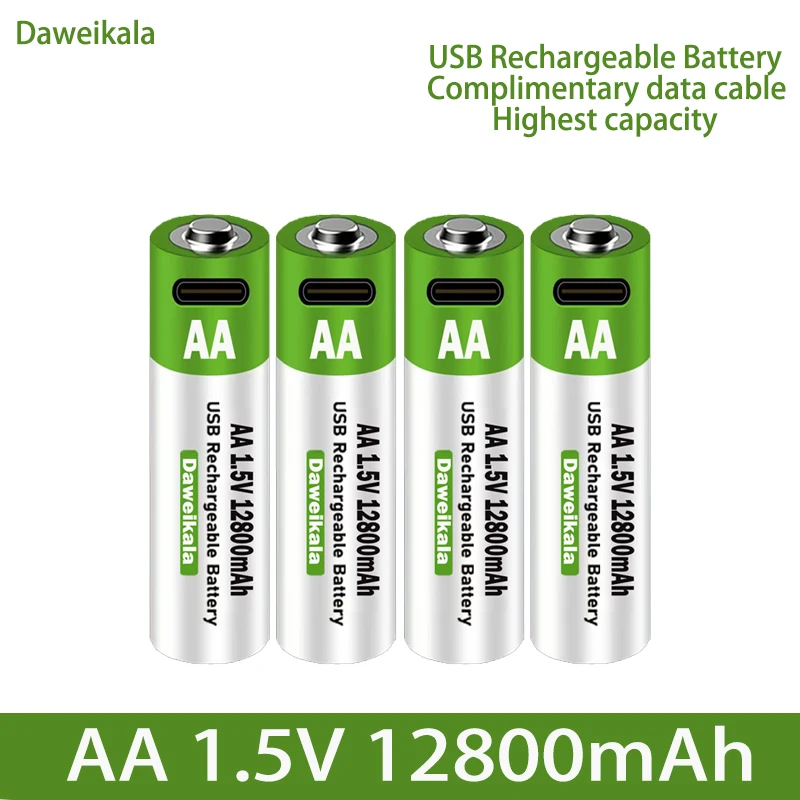 2023 New 1.5V USB AA Rechargeable Battery  12800 mAh Li-ion Battery for Remote Control Mouse Electric Toy Battery + Type-C Cable