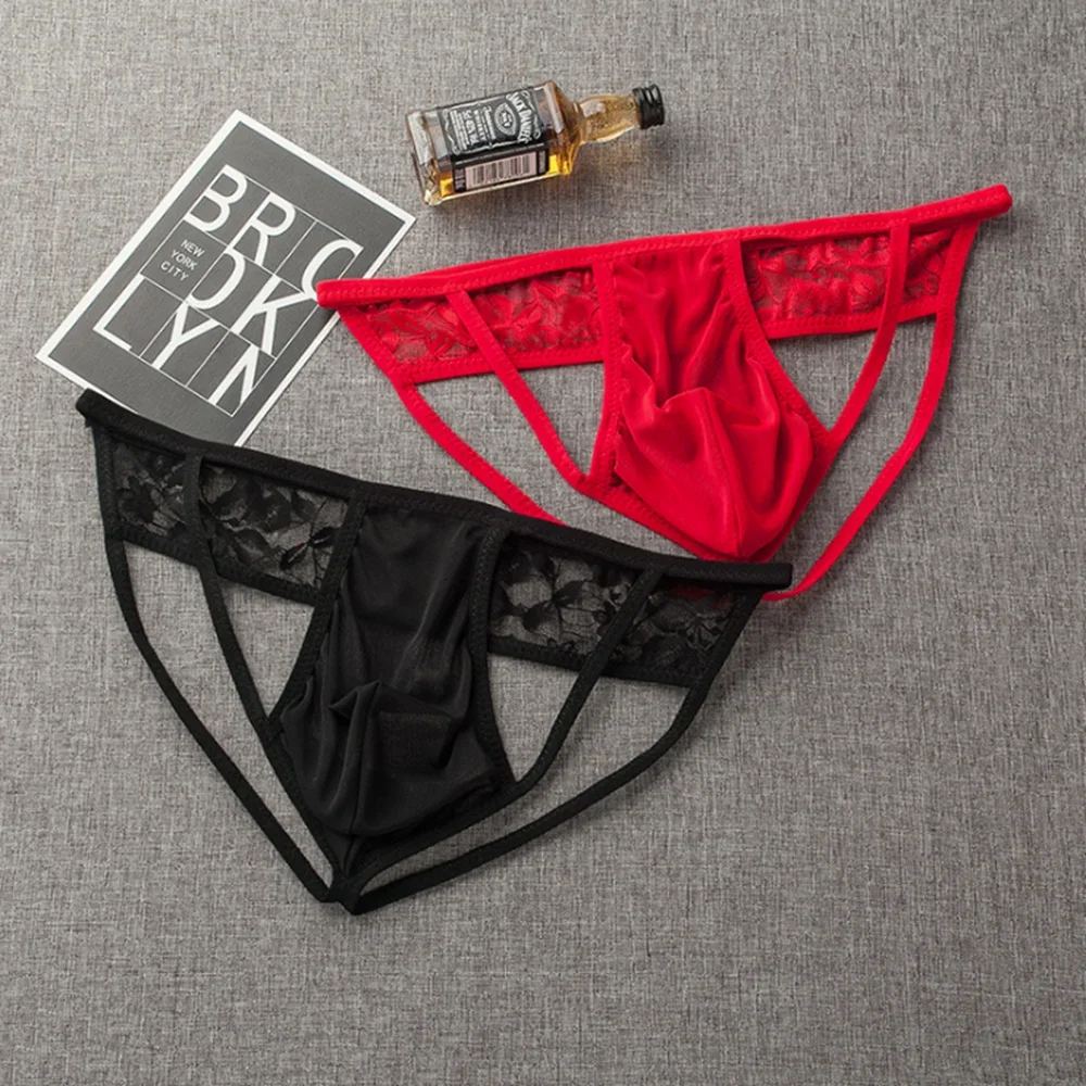 

Men's Sexy Lace Jockstraps Thong with Pouch Transparent Hollow Bikini Briefs Underwear