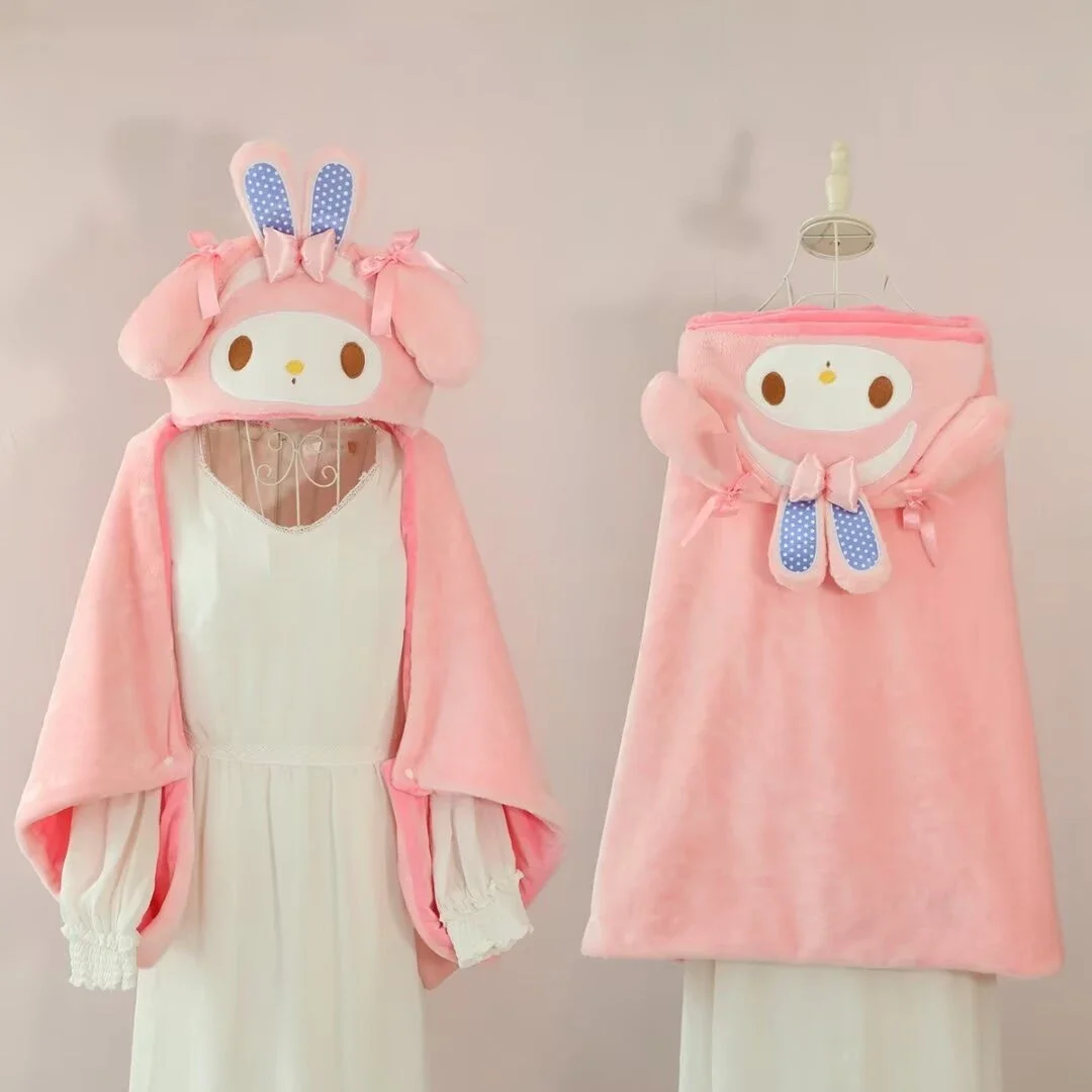 Newest Sanrio Cartoon My Melody Hooded Blanket Kawaii Melody Plush Hooded Cloak Sweet Piano Warm Flannel Blanket Girl Xmas Gift