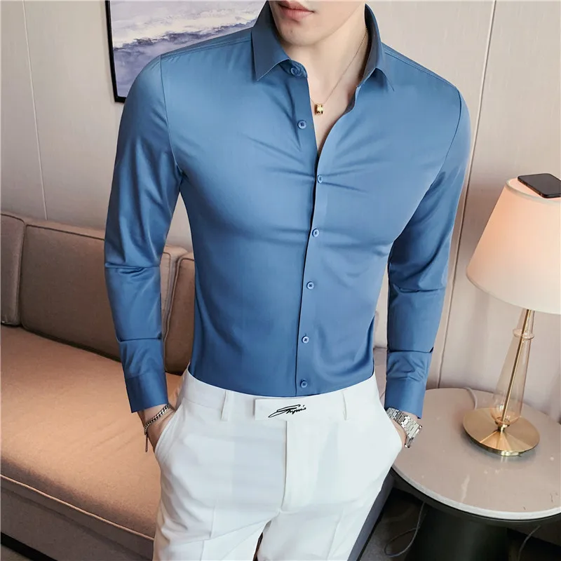 Shirts for Men 2023 New Long Sleeve Formal Wear Camisas De Hombre Solid Casual Elastic Slim Fit Dress Chemise Homme Men Clothing