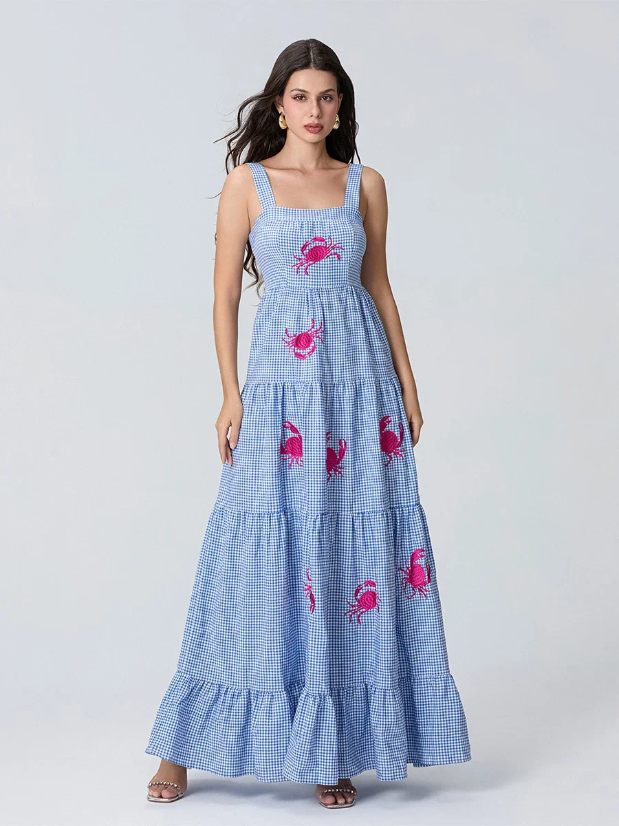 Nova moda feminina vestido de praia longo sem mangas pescoço quadrado bordado em camadas vestido midi deslizamento clube estilo rua venda quente