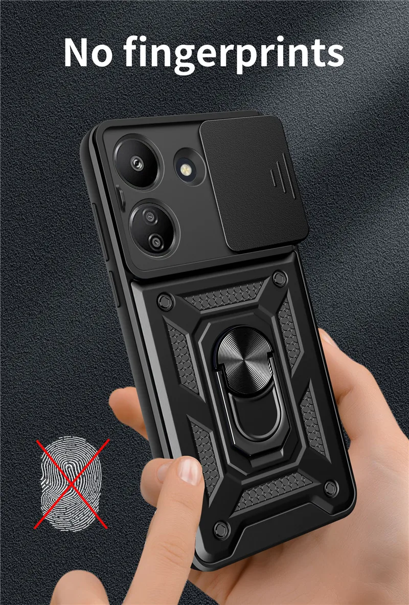 Para xiaomi redmi 13c caso à prova de choque armadura anel suporte casos de telefone para mi poco c65 redmi 13c slide câmera proteção capa