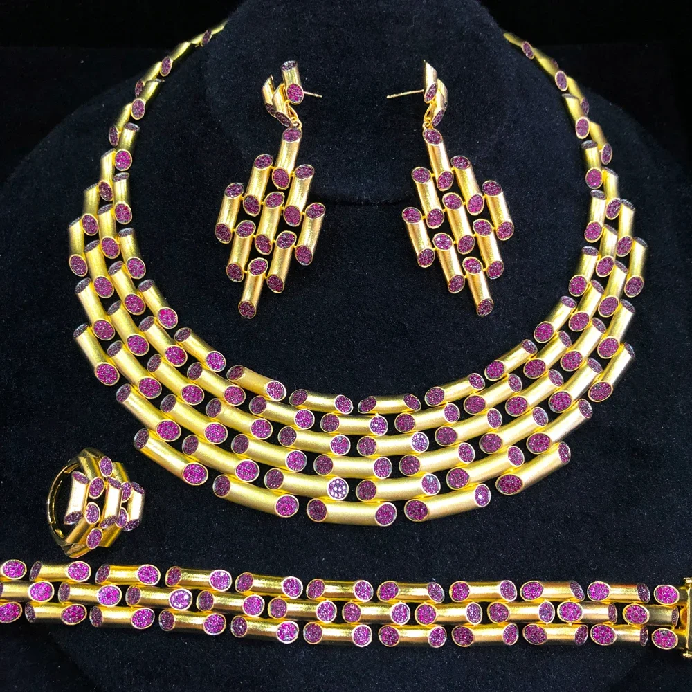 Icedout Hiphop Bamboo Knot Bone Luxury 4pcs African Jewelry Set For Women Wedding Party CZ Indian Dubai Bridal Jewelry Set