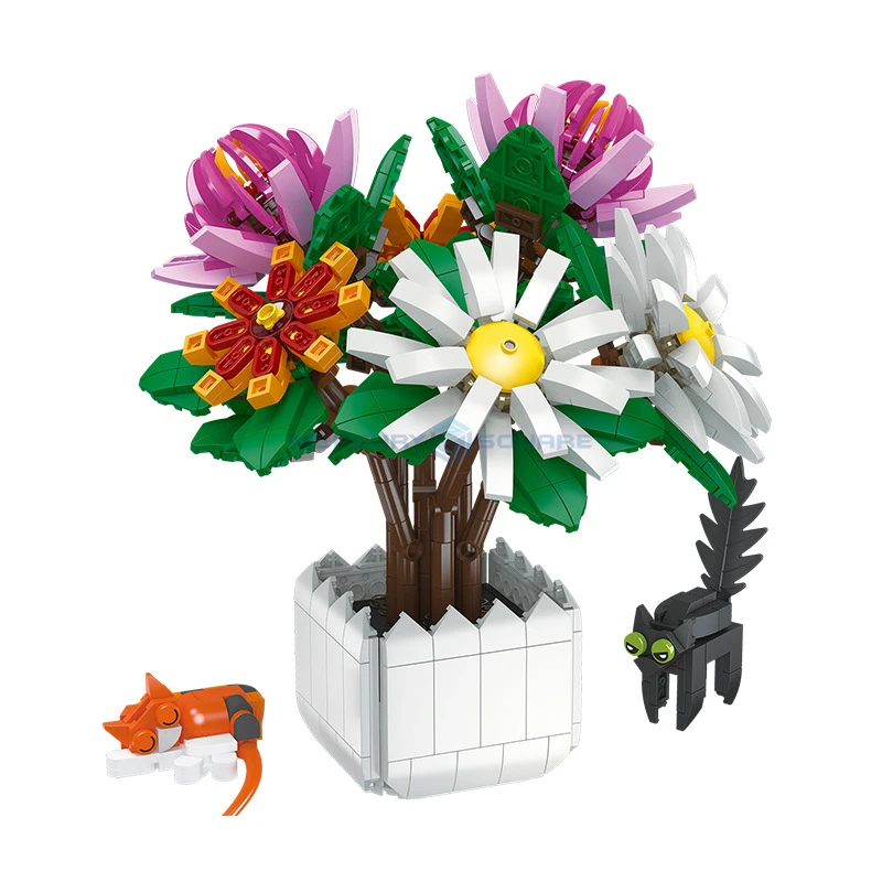 Chiysanthemum Bonsai Model Bricks MOC JJ9036 Flower Potted Plant Building Blocks Ornament Kit Ideas Toy Birthday Gift Girls Kids