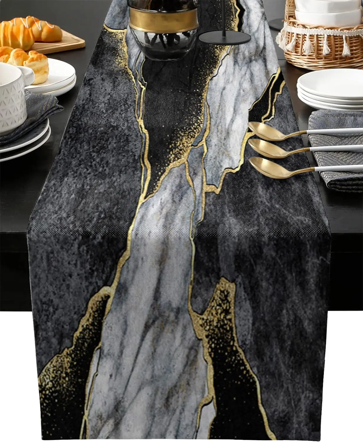 Abstract Marble Linen Table Runners Modern Black Grey Gold Table Runner Dresser Scarf Kitchen Home Party Dining Table Decoration