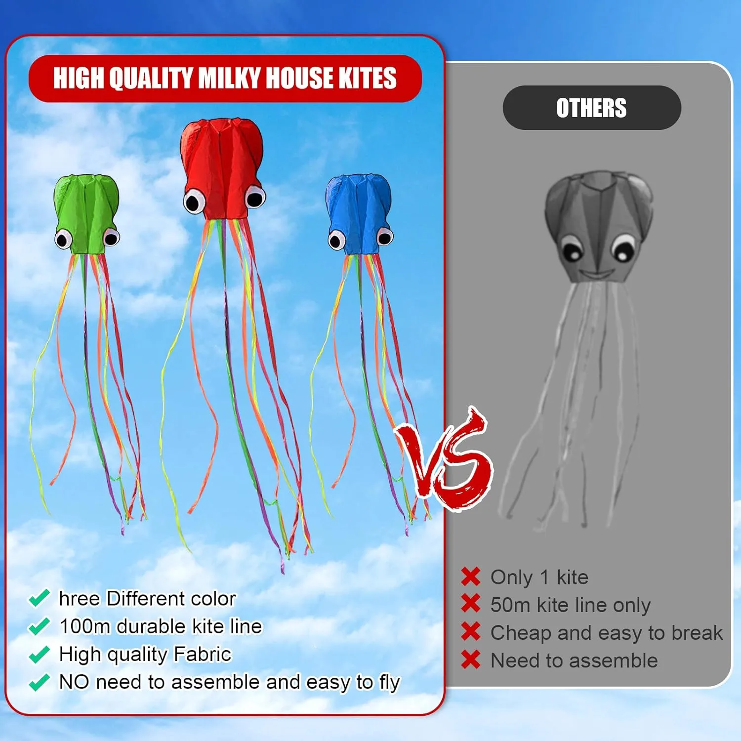 Grands cerfs-volants de poulpe, cerfs-volants faciles à volants avec cerfs-volants de plage à longue queue pour enfants et adultes avec une ligne volante de 100 mètres, couleur aléatoire