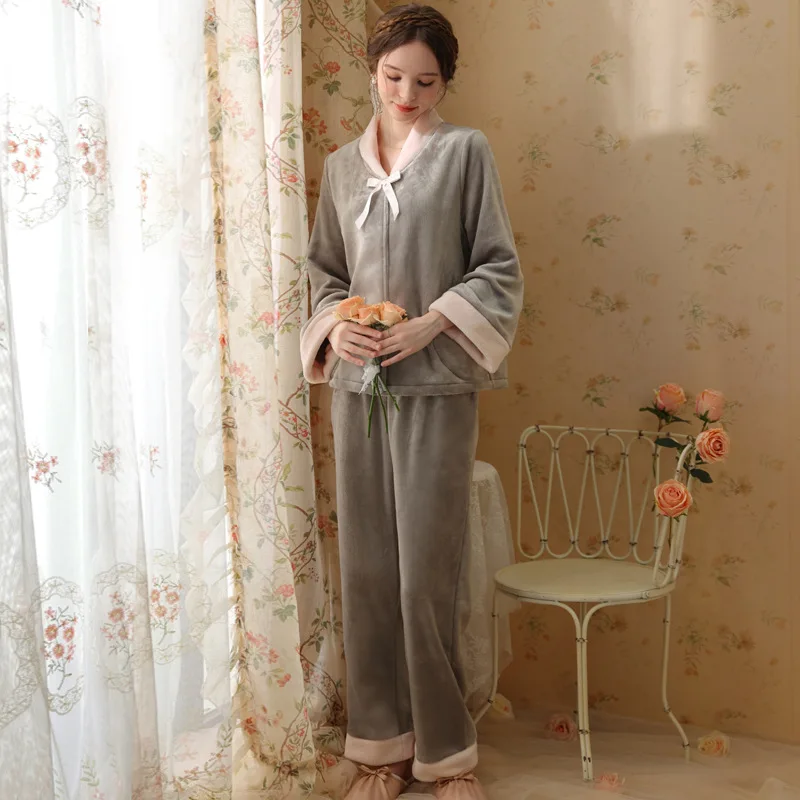 Autumn winter new velvet pajamas sweet two-piece suit long-sleeved long pants thick models loose cardigan girls padded homewear