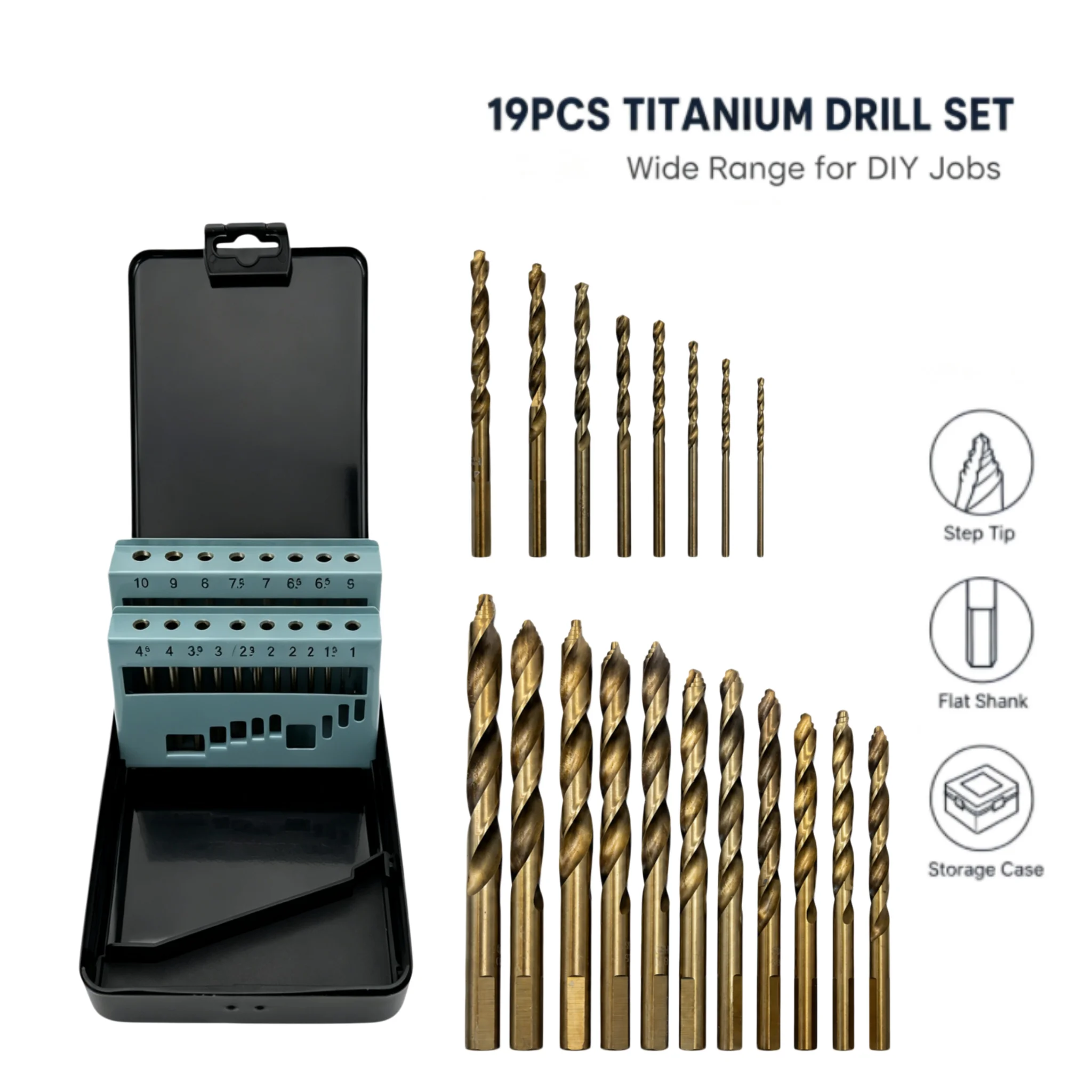 19ピースステップチップチタンツイストドリルビットセット-1‑10mm-フラットシャンク-hss-スパイラルドリルビット-金属、木材、ステンレス鋼のdiy穴あけ用