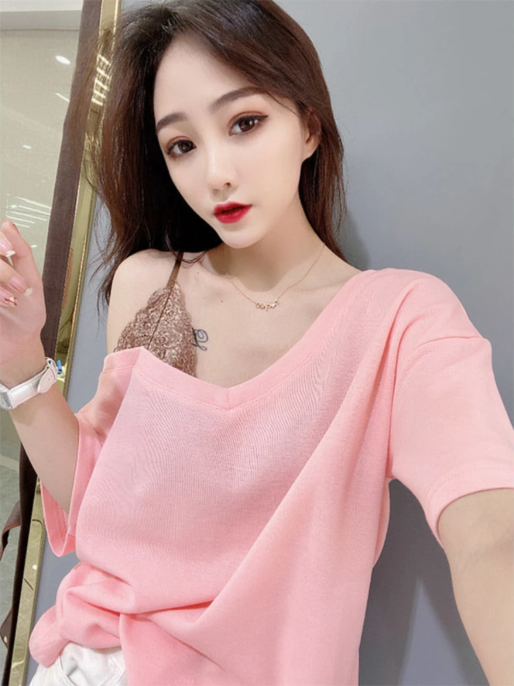 T Shirt for Women Yellow Plain Summer Outfit Coquette Clothes Off Shoulder Sexy Tops Woman Baggy Y2k Korean Popular Youthful Yk2