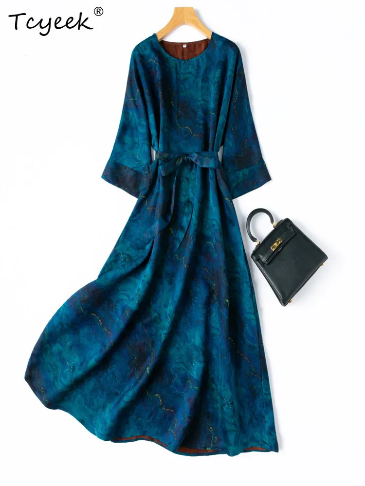 Tcyeek Vintage-Kleid aus echter Maulbeerseide für Damen, elegante Damenkleider, hochwertiges Partykleid aus 100 % Seide, Frühlings- und Sommerkleidung, Vestid