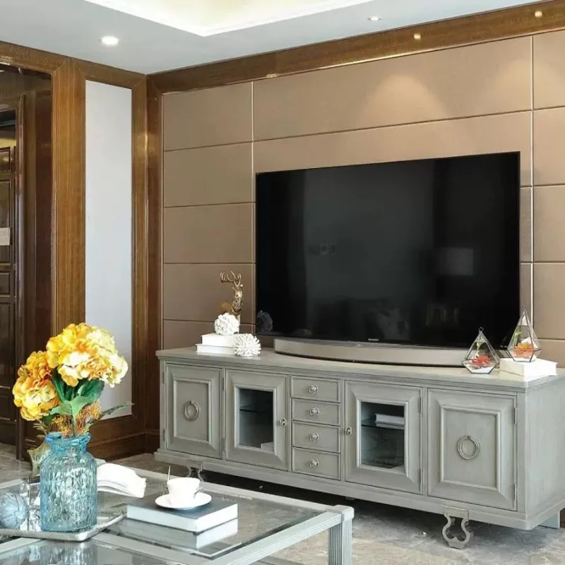 

Gray, American furniture TV cabinet light luxury retro old solid wood carving metal foot video cabinet