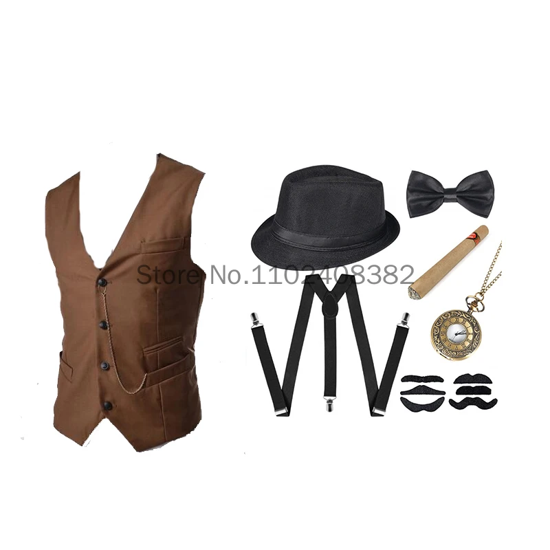 Adult Costume Accessories Set Steampunk WaistCoat Gangster Vest Pocket Watch 1920s Men Gatsby Cosplay Beard Disfraces