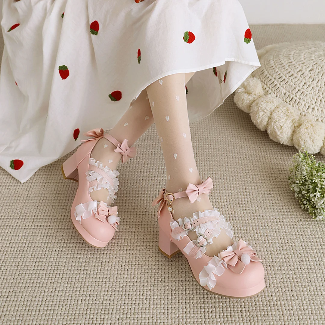 Zapatos de estilo Lolita para mujer, zapatos de tacón alto con lazo de encaje Vintage, zapatos de tacón dulces para mujer, Cosplay de fiesta de boda Kawaii de princesa para niñas