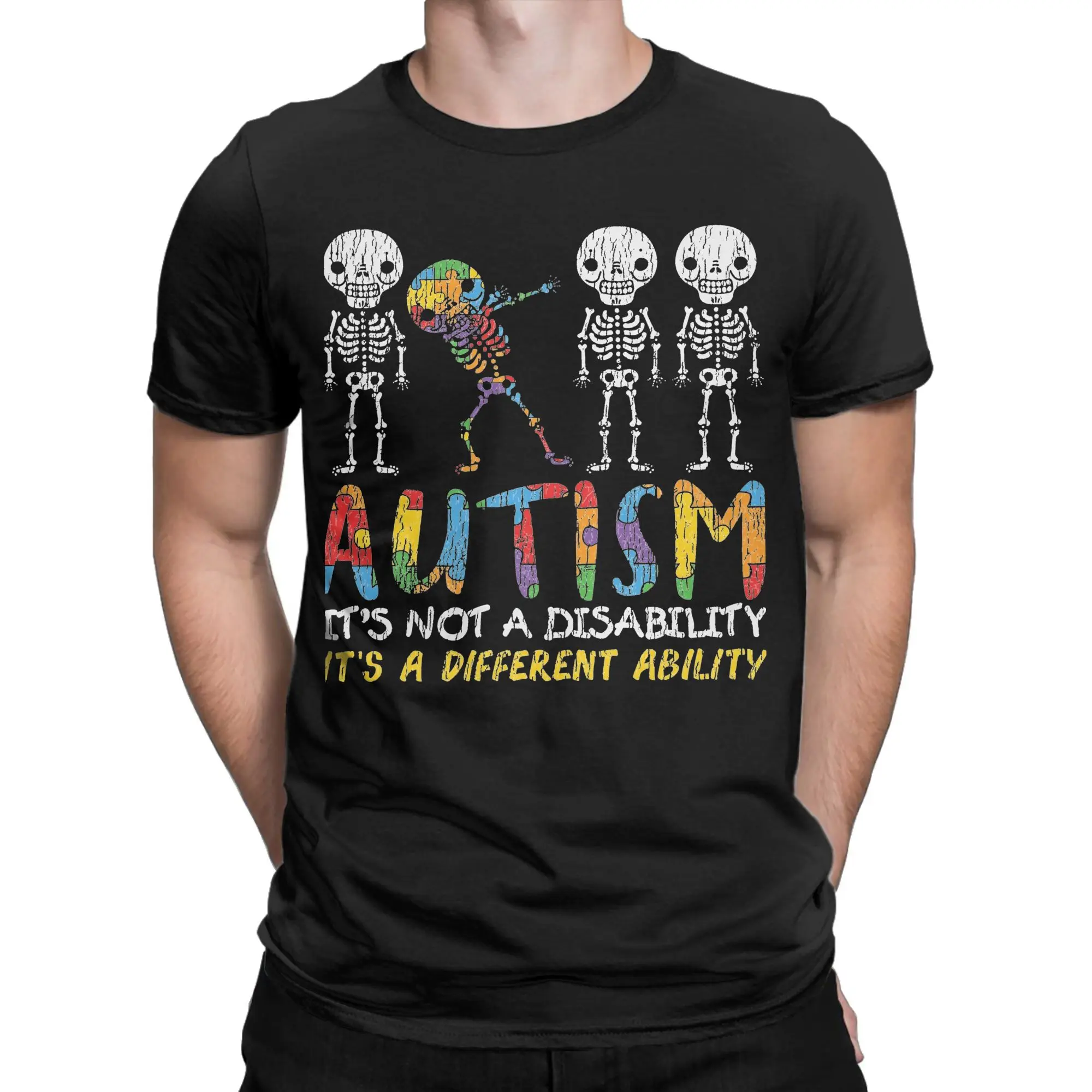 

Autism Awareness Skeleton Dabbing T-Shirt Men Funny Skull Cool Pure Cotton Tee Shirt Round Collar Short Sleeve T Shirt Clothing