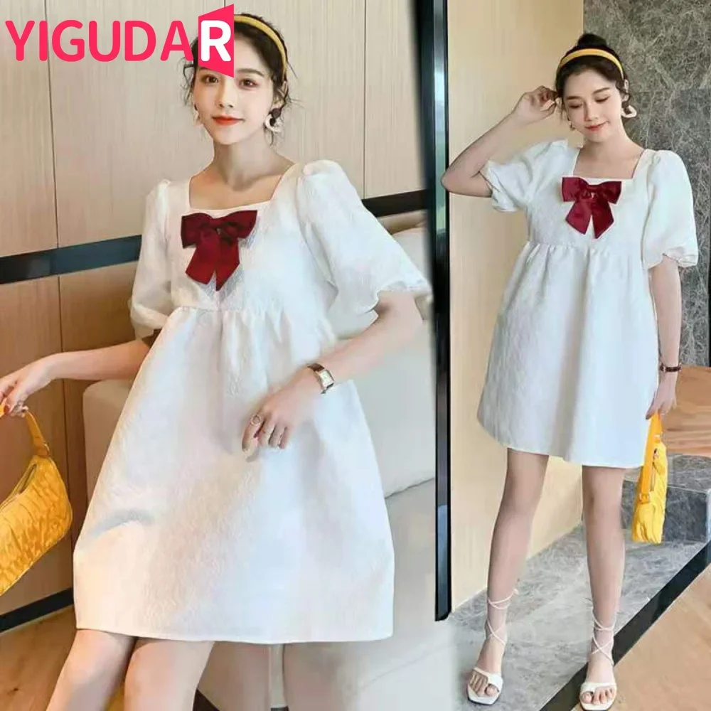 

Bow Pleated Chiffon Maternity Dress Solid V-Neck Knee-Length Vestidos High Quality Loose Clothes for Pregnant Women vestidos