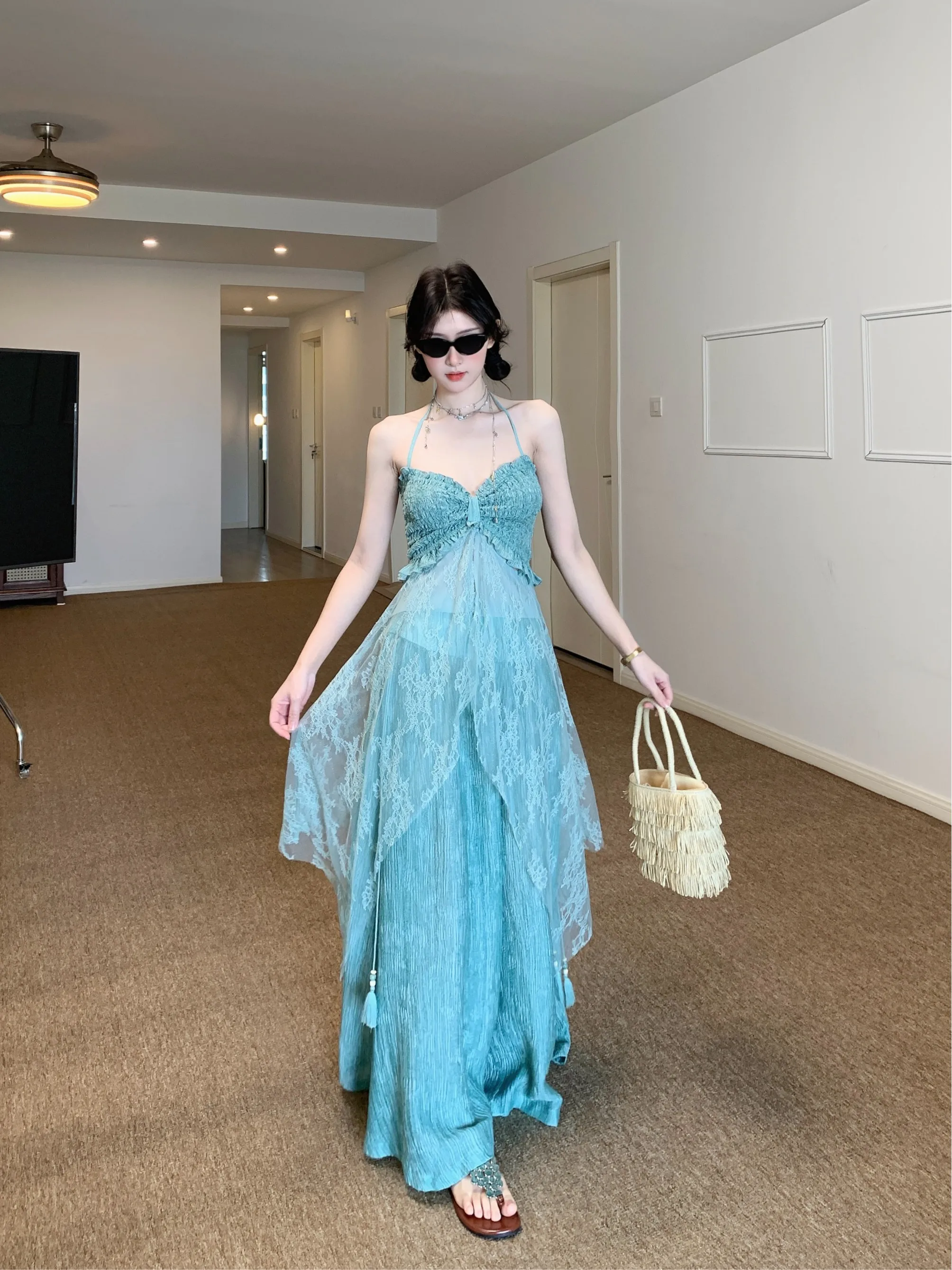 Elegant Vacation Style Lace Patchwork Strap Wide Leg Pants Two Piece Set Women's Fashion Spring 2026 New Irregular Design