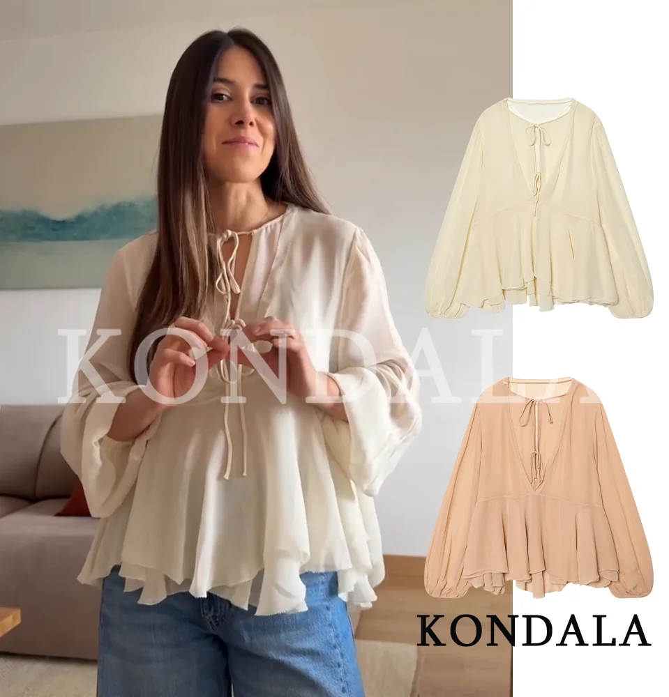 KONDALA Elegante Camisa Casual de Gasa para Mujer, Moderna y Bonita con Cuello de Cordones y Dobladillo Plisado, Nueva Colección Primavera Verano 2026, Blusa Chic para Vacaciones