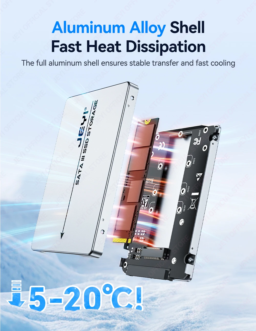 JEYI M.2 NGFF zu SATA 3.0 Festplattengehäuse, 6 Gbit/s, hohe Geschwindigkeit, unterstützt bis zu 2 TB, tragbares Mobilgerät, unterstützt 2230/42/60/80 SSD – Detail 3