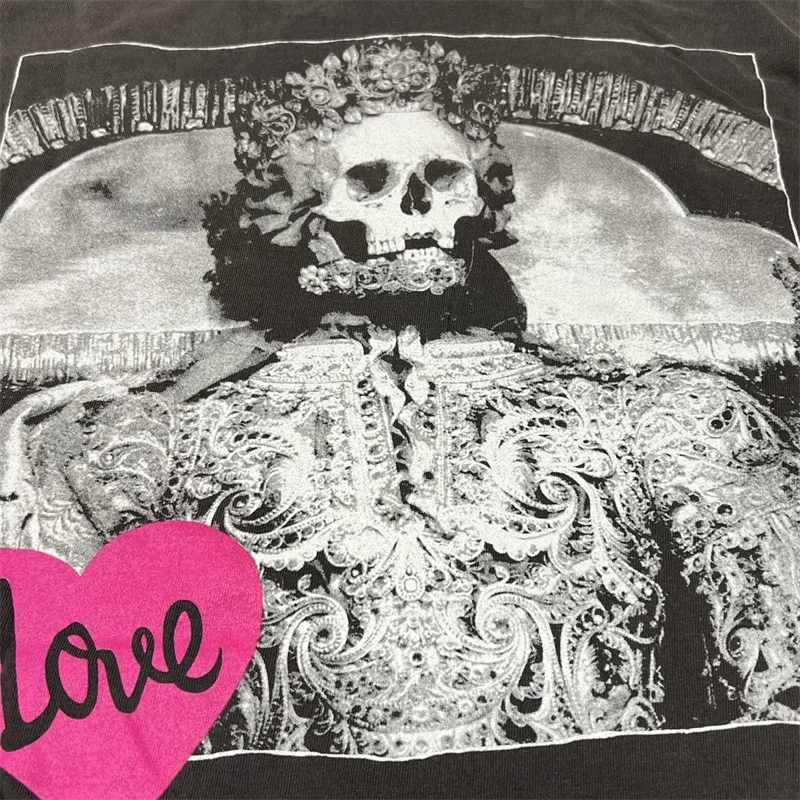 SAINT Mxxxxxx Pink Heart Tshirts  Men Women 1:1 Best Quality Skull Print Black Washed T-Shirts