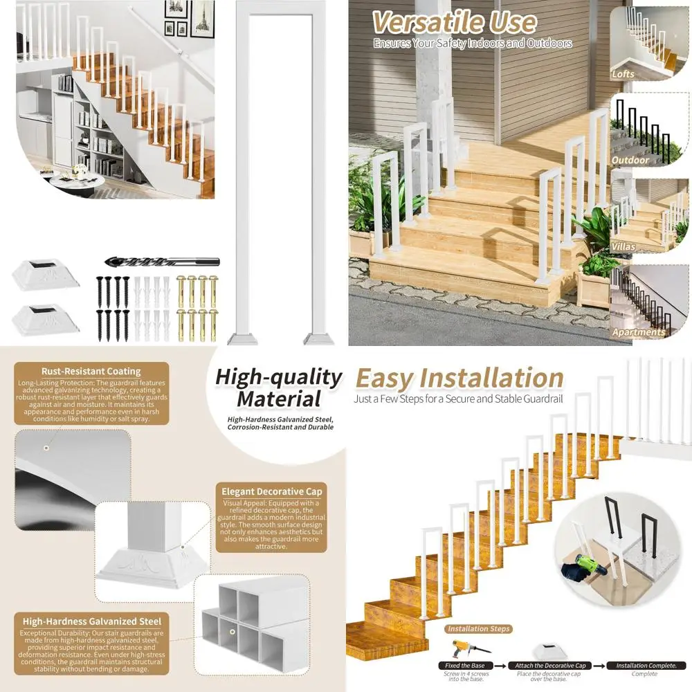 درابزين الدرج الداخلي والخارجي المعدني الأبيض مع منحنيات زخرفية، ودرابزين سطح الشرفة، ودرابزين خطوة السلامة #1