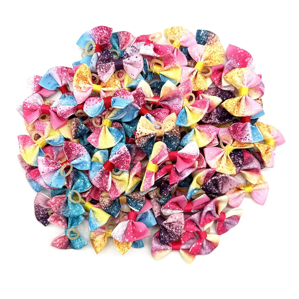 100PCS Gradient Color Dog Hair Bows Decorate Dog Hair Bows Cute Puppy Hair Accessories with Rubber Bands for Small Dog Supplies