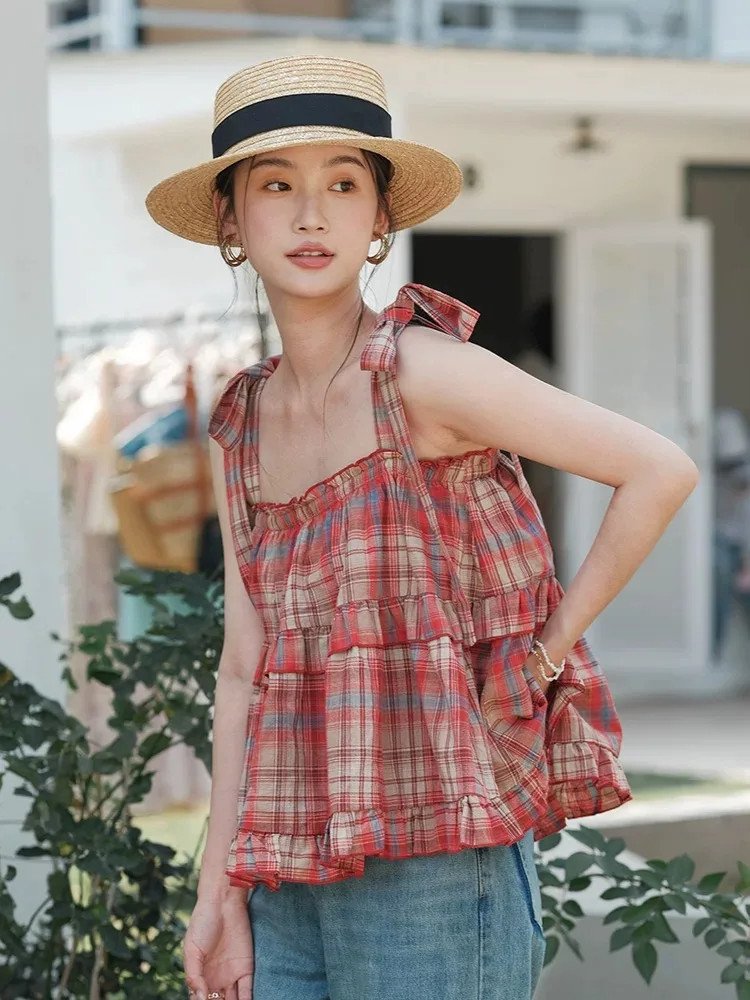 Camisola a cuadros Retro de verano para mujer, chaleco cómodo, suelto, con correa para la oreja de madera, ropa exterior versátil a la moda