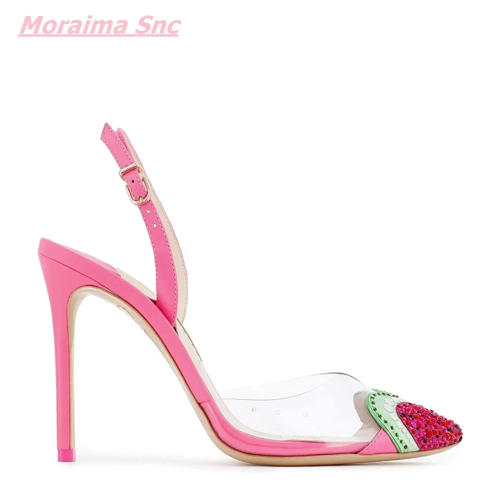 2025 Summer Sweet Women\'s Sandals Pointed Toe Diamond Love Leather Buckle Strap Cute Hollow PVC Comfortable Wedding Dress Shoes