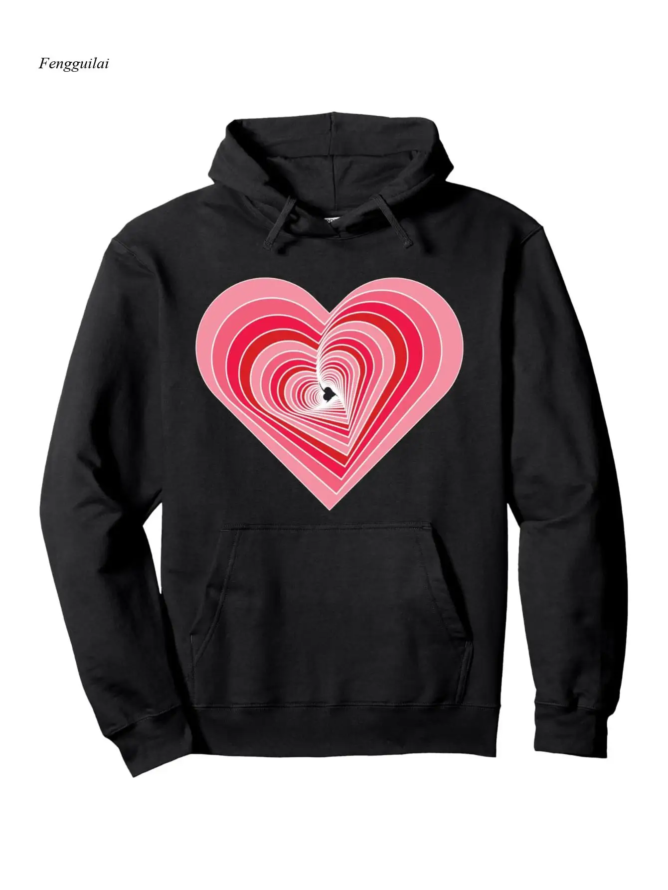 هوديي برسومات عيد الحب - أسود مع طباعة قلب أومبير وردي اللون، سويت شيرت دافئ لجميع المواسم