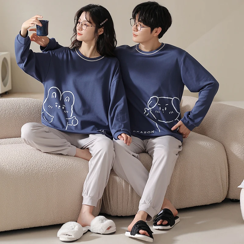 Blue couple's pajamas casual set long sleeved round neck all cotton men's and women's home wear spring and autumn M-3XL