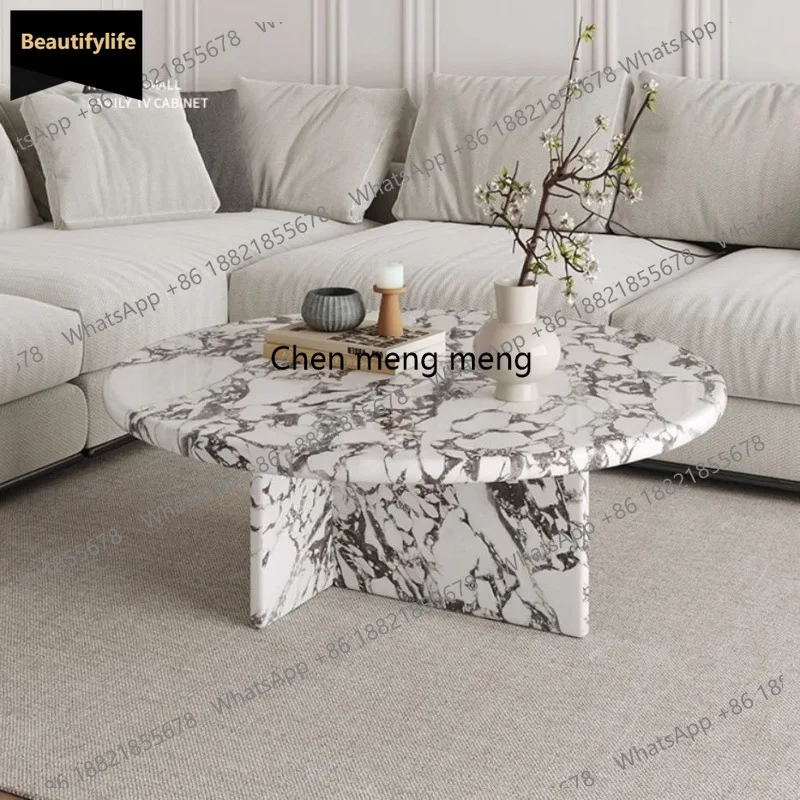 

C85 French Cream Style Natural Marble Coffee Table, Oval Round Italian Lacquered Top & Stainless Steel Frame, Heat-Resistant