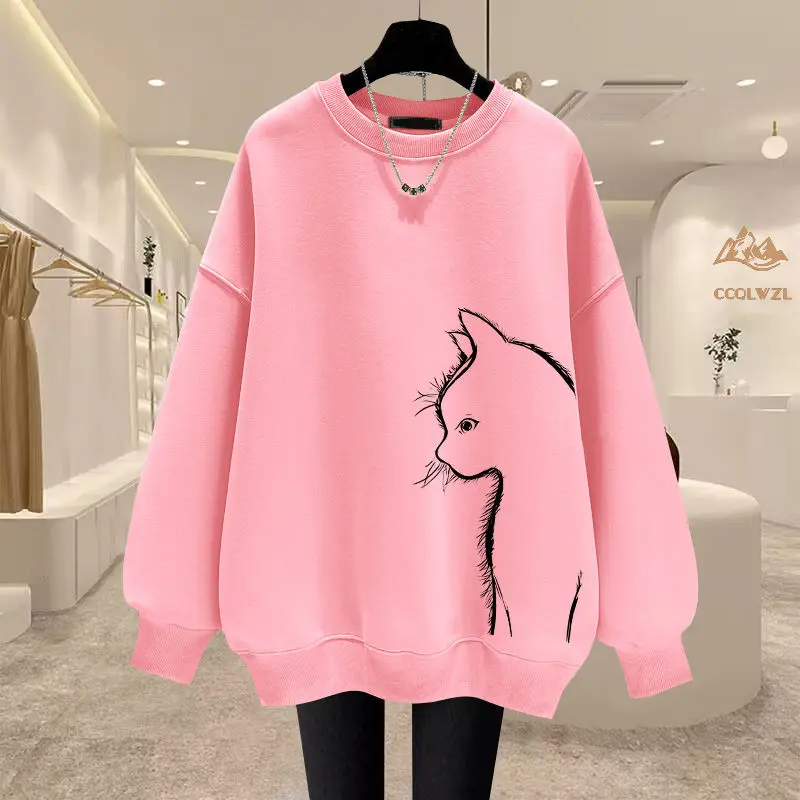 Oversized Black Print Hoodies Sweatshirts Spring Autumn New Long Sleeve O-Neck Loose Pullovers Tops Casual Fashion Women Clothes